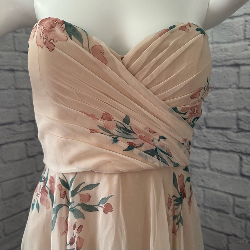 Jenny Yoo Adeline strapless chiffon gown features a romantic pink floral print - Picture 4 of 9